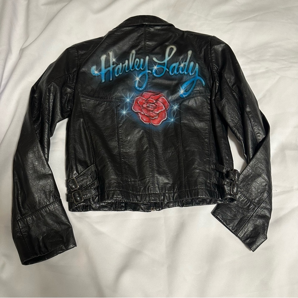 Berman's Black Leather Jacket Harley lady size 8 flower design
